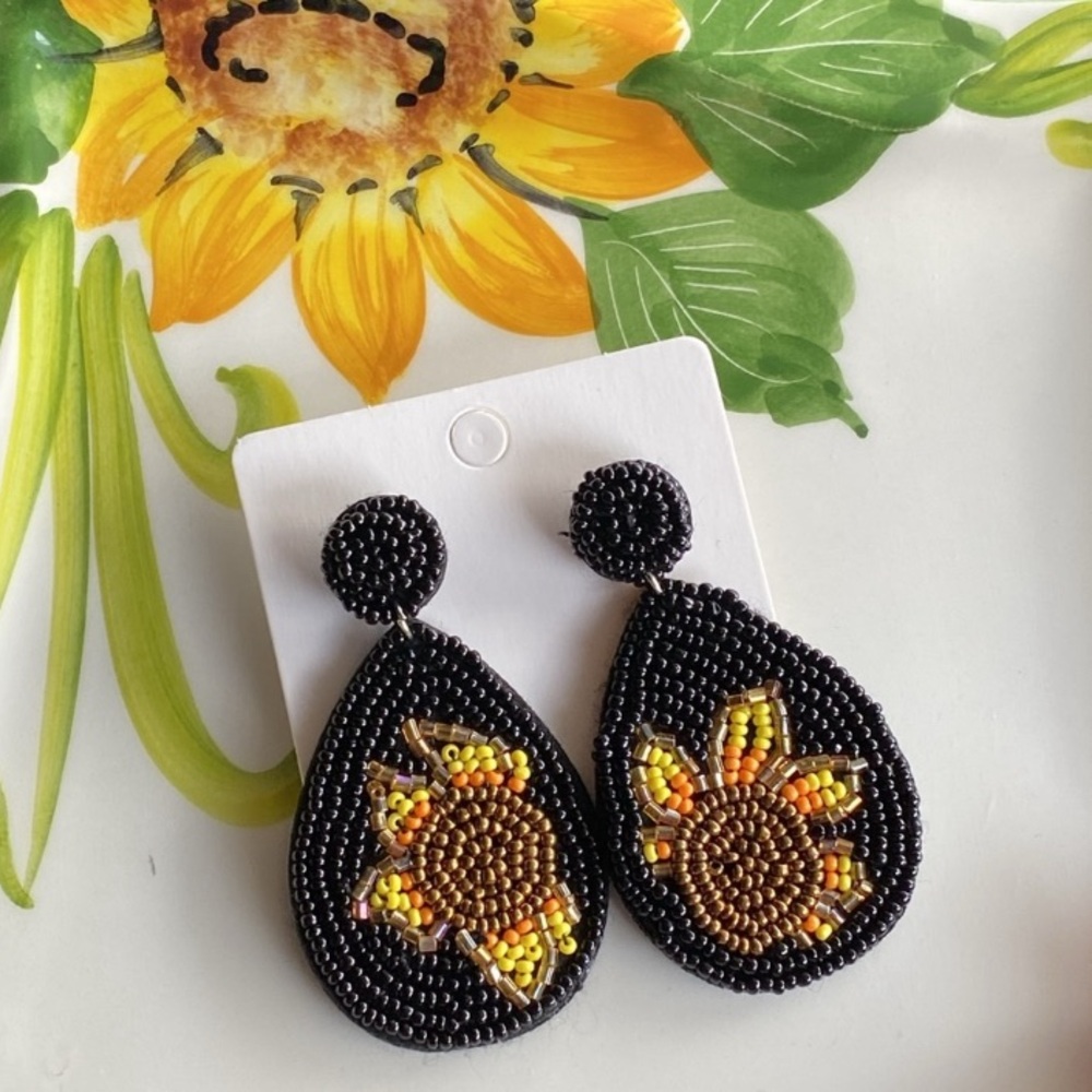 Black Beaded Sunflower Statement Earrings